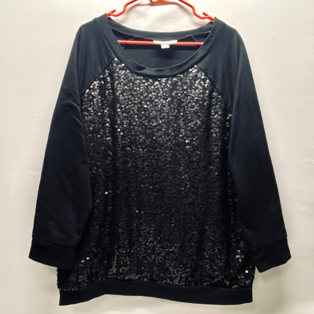 Woman Within Blouse Women's 18/20 Large Black Matte Sequin Raglan Sleeve Top GUC